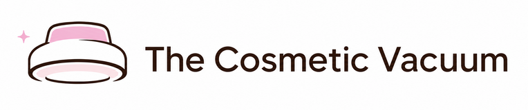 A minimalist logo featuring a stylized pink and white cosmetic vacuum illustration on the left, next to the text 'The Cosmetic Vacuum' in dark brown on a plain white background.